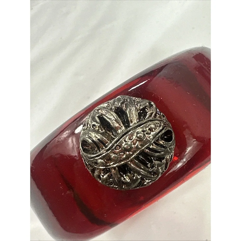 Ruby Red Translucent Resin Napkin Rings Set of 4 Silver Medallion Detail Boxed